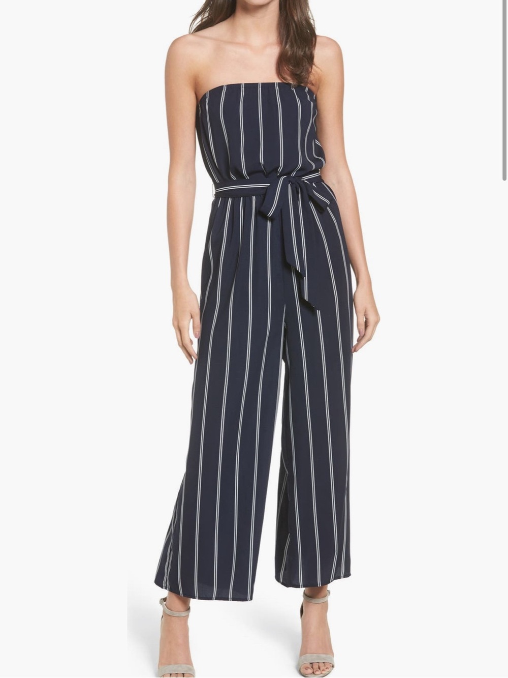 Soprano Navy and White Strapless Tie-Waist Wide-Leg Jumpsuit